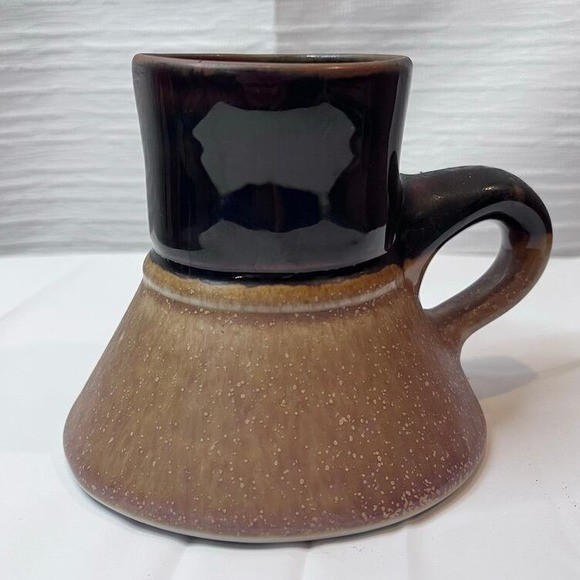 Vintage Wide Bottom No Spill Travel Coffee Mug Stoneware Brown Drip Glaze