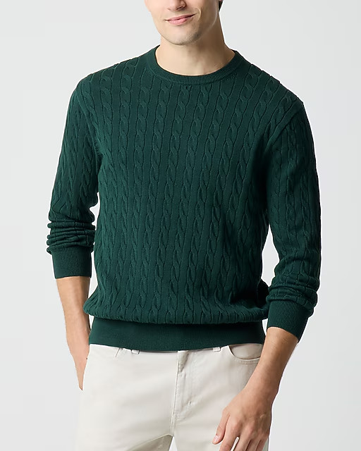 J. Crew Mens Cable Knit Crewneck Sweater XL Green Cotton