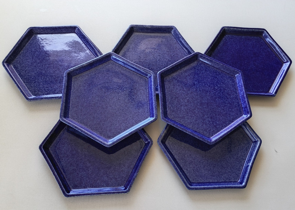 Bennington Pottery Vermont Block Hexagonal Blue Salad Plates Set Of 7