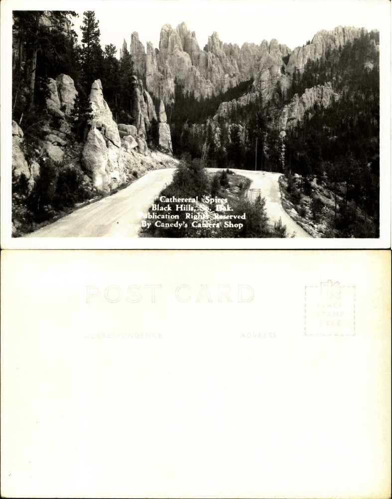 Cathedral Spires Black Hills SD  RPPC Canedy's Camera Shop ca 1940
