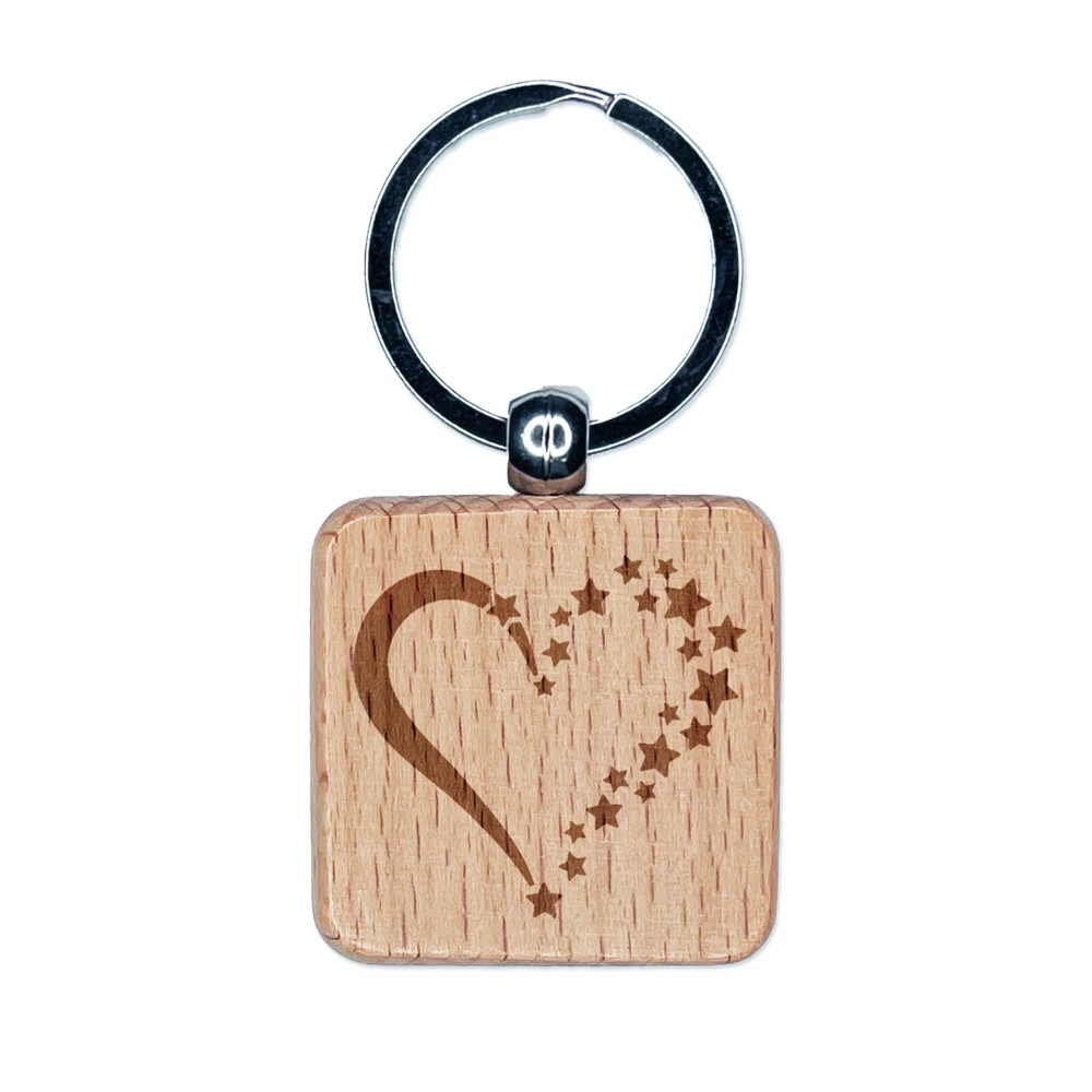 Stars Forming Heart Engraved Wood Square Keychain Tag Charm
