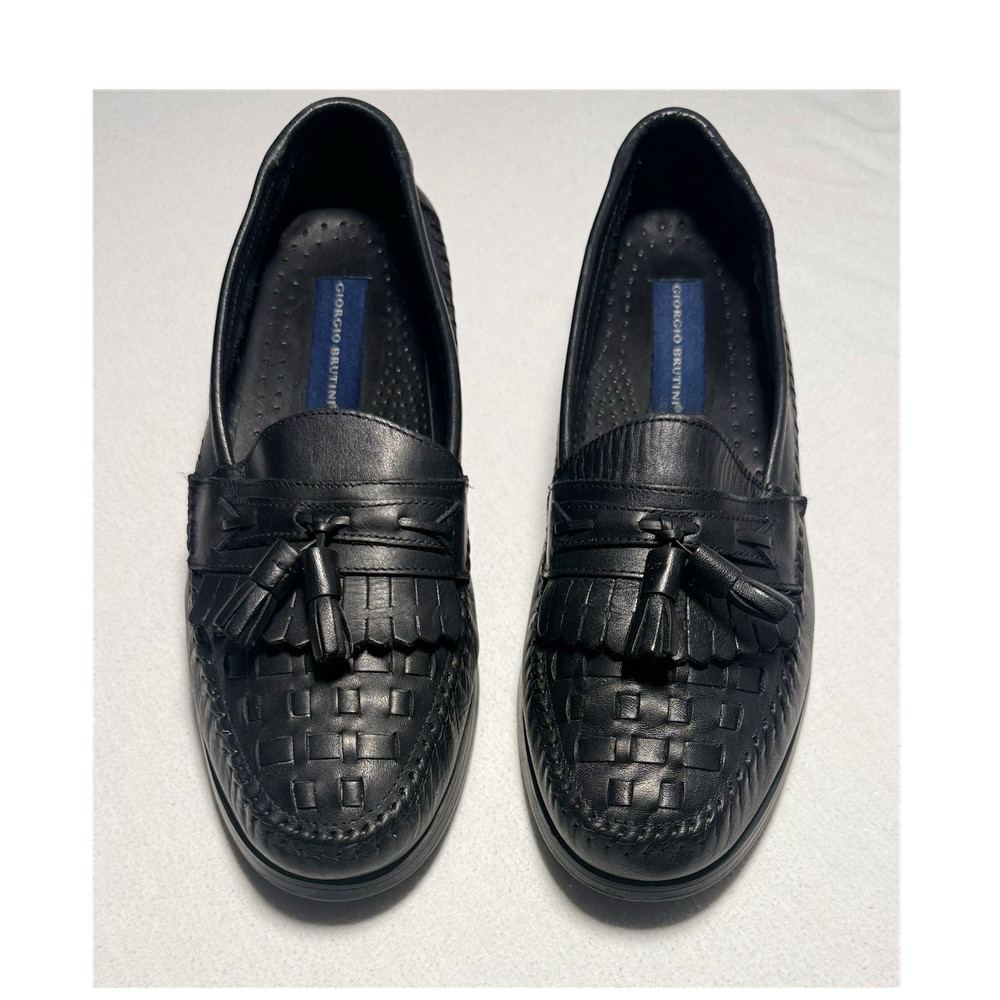 Giorgio Brutini Black Leather Woven Tassel Slip-On Dress Loafer 9 D
