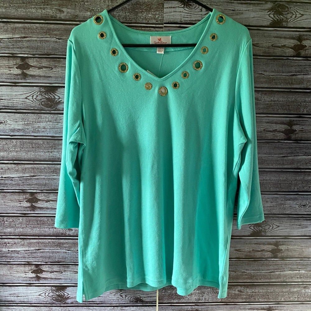 Quacker Factory Women's Top Size L Green/Aqua Circular Cutout Hardware NWT