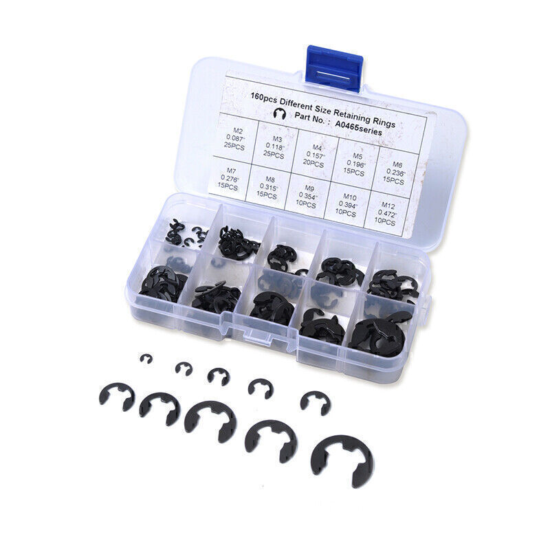 160PCS Black Spring Steel E-Clip Snap Rings Assortment 2mm to 12mm Circlip Kit