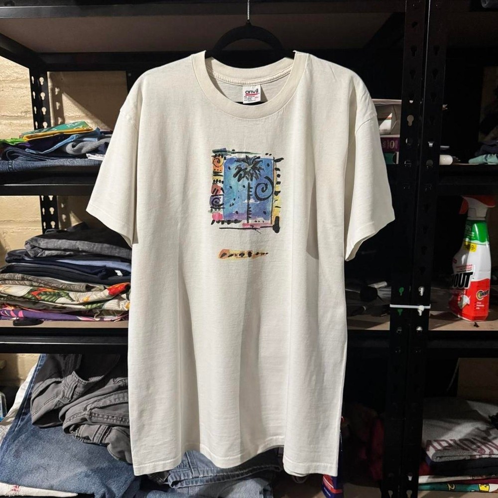 VINTAGE 90s SINGLE STITCH USA Made Abstract White Graphic Art Tee - Large-image