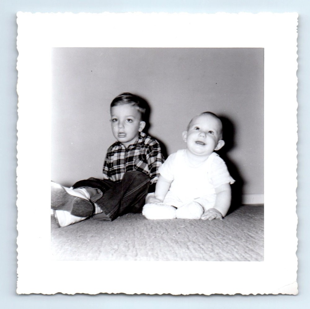 Old Vintage Photo BOY IN PLAID FLANNEL SITTING BY BABY ANTIQUE SNAPSHOT