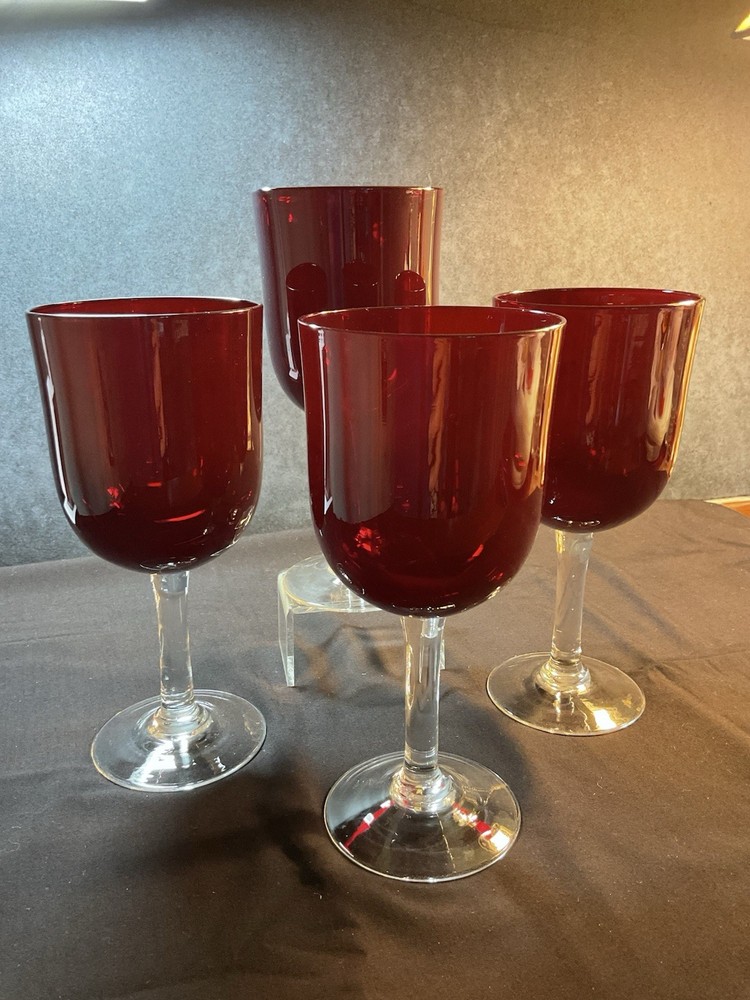 Vintage Ruby Red Hand Blown Glass 13 Ounces Goblet Clear Stem 8” Tall - Set Of 4