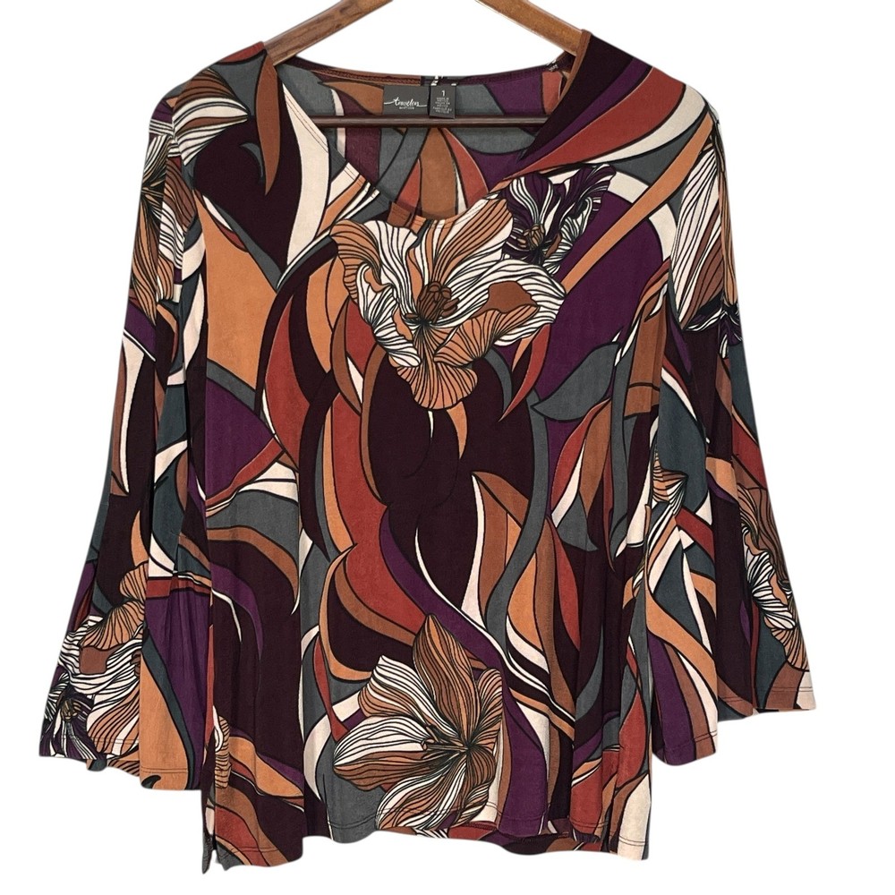 Chicos Travelers Womens Size 1 Abstract Floral V-Neck Bell Sleeve Blouse Top