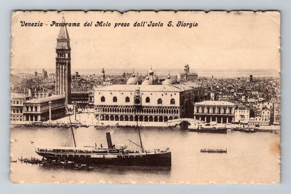 Italy- Venice Panorama Of Pier & River Steamer Old Card Vintage c1909 Postcard