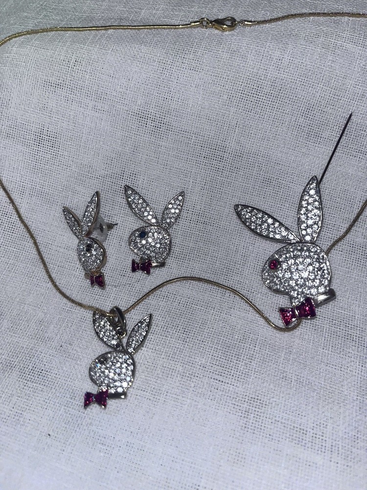 Vintage Y2K Playboy Jewelry Earrings, Necklace & Pin Set Swarovski Crystals
