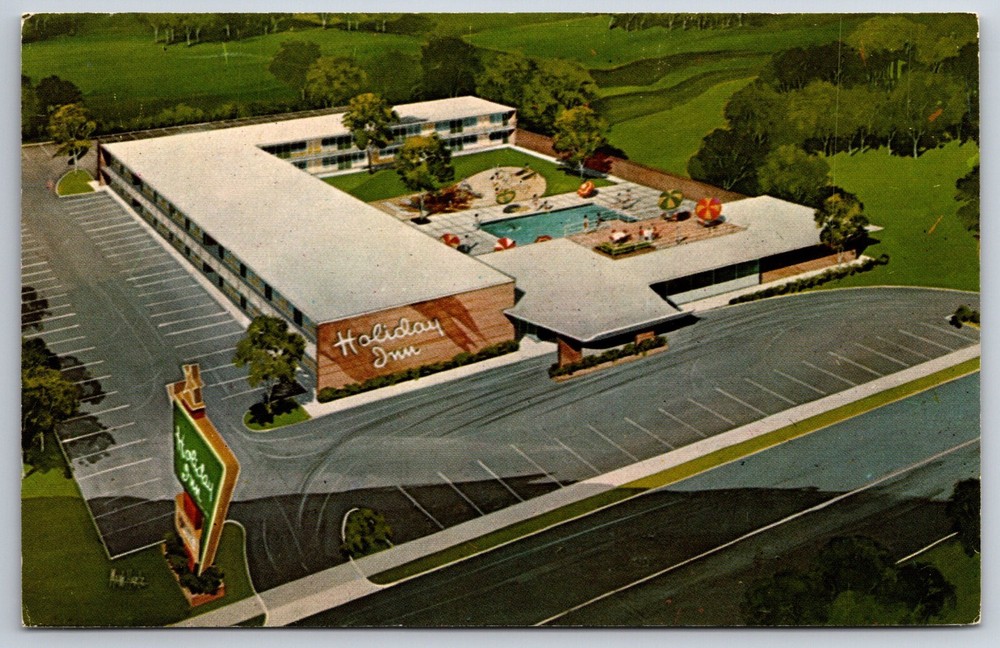 Roadside~Air View Holiday Inn & Pool Zanesville Ohio~Vintage Postcard