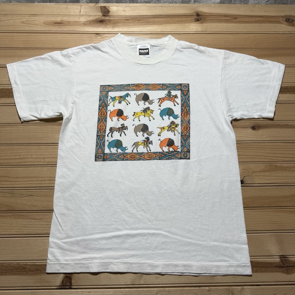 Vintage 90s Native Horse Buffalo Southwestern Art Single Stitch Shirt - Large