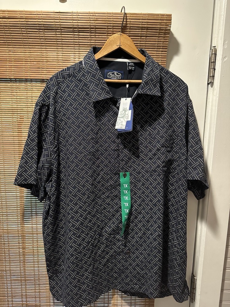 Nat Nast Button Up Shirt Silk Blend Basket Weave Black Hawaiian Washable XL