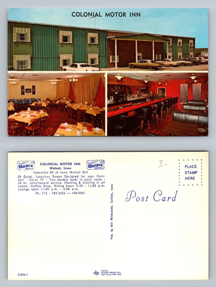 Walnut, IA-Iowa, Colonial Motor Inn Dining Room Bar Lounge Vintage Postcard