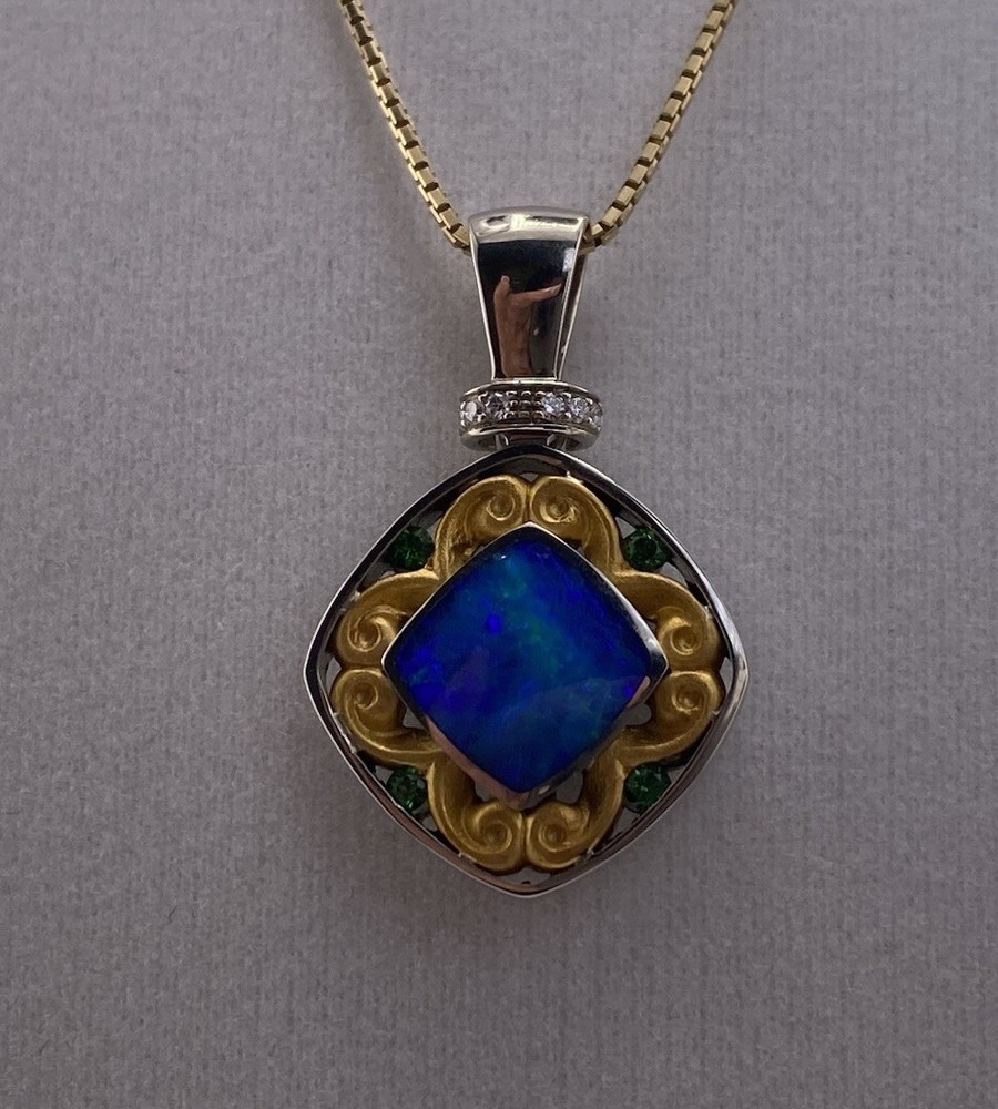18K White Gold Opal Diamond, Emerald Pendant