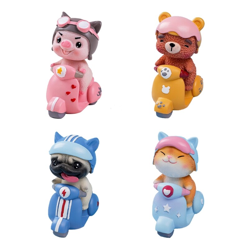 Cartoon Animal Resin Figurine Toy Pig Bear Riding Motorcycle Statue Car Ornament