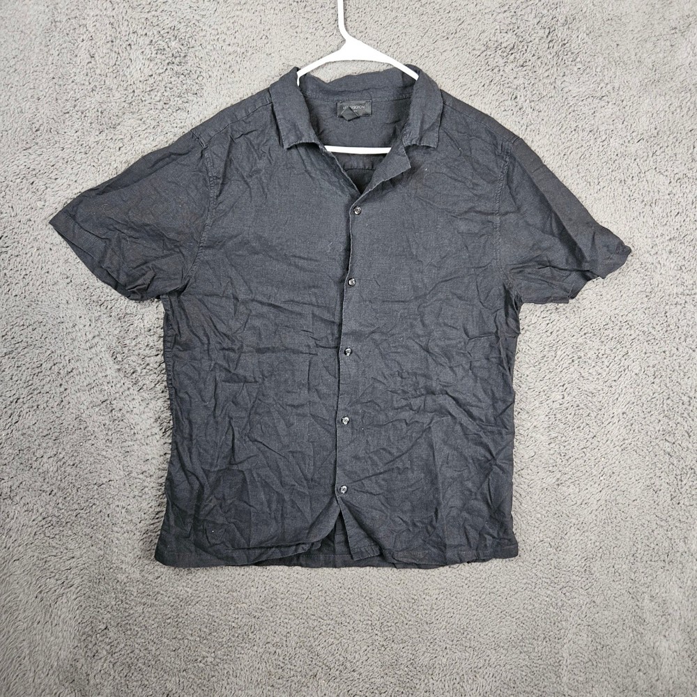 Magaschoni Man Black Linen Blend Short Sleeve Button Down Shirt Mens Size Medium
