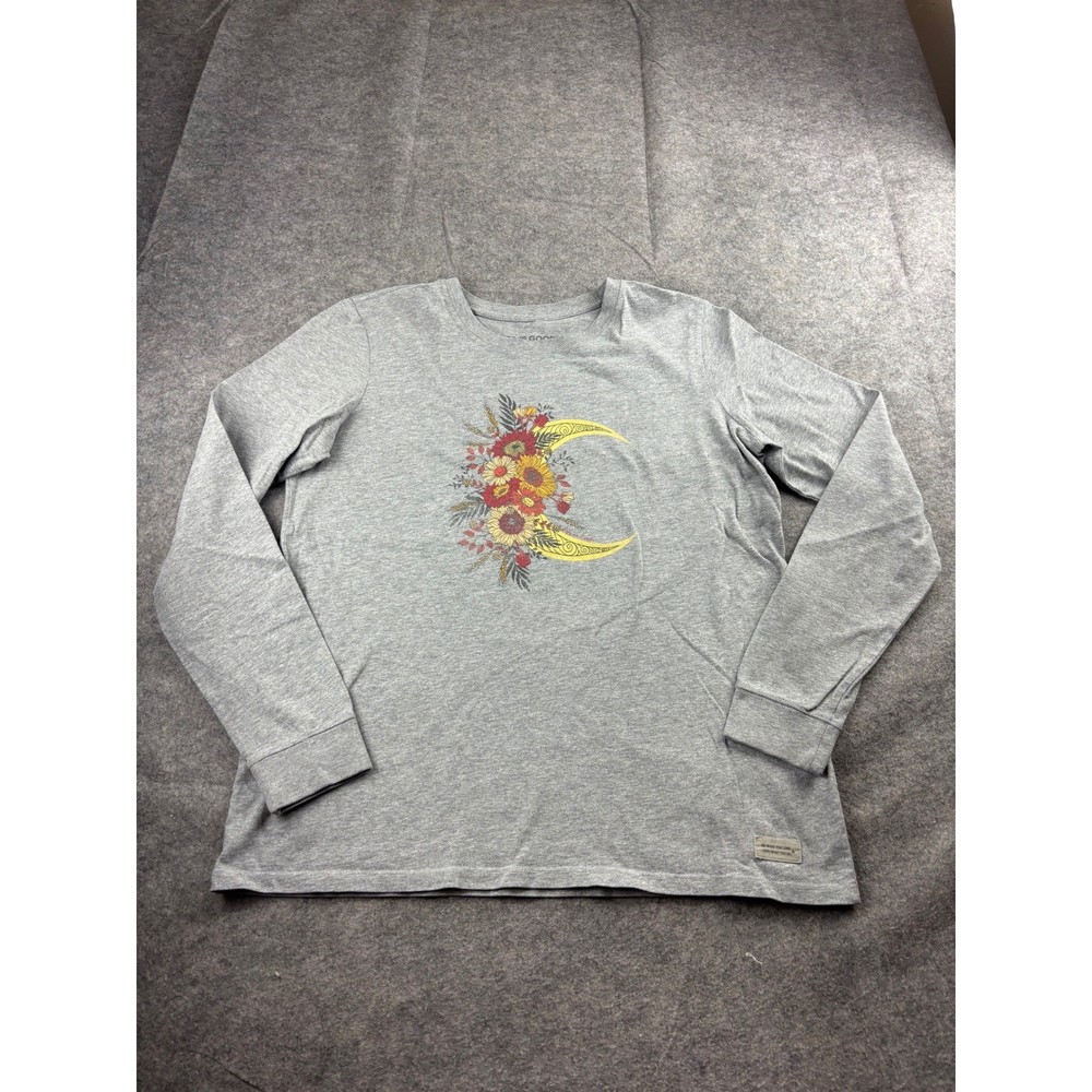 Life is Good Womens L Crusher Long Sleeve Tee Gray Floral Moon Graphic Shirt SEE
