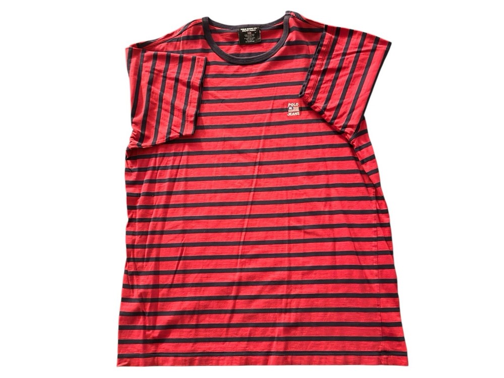 Vintage Polo Jeans Ralph Lauren T-Shirt Medium 90s Red Striped Flag Logo USA Y2K