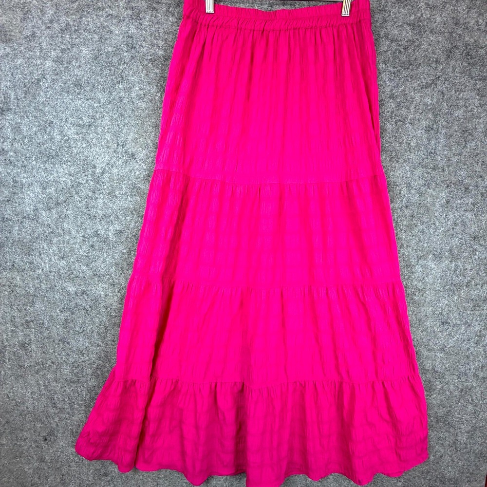 Her Destiny Tiered Maxi Skirt Womens Large Pink Stretch Elastic Waist Ruffle Fun