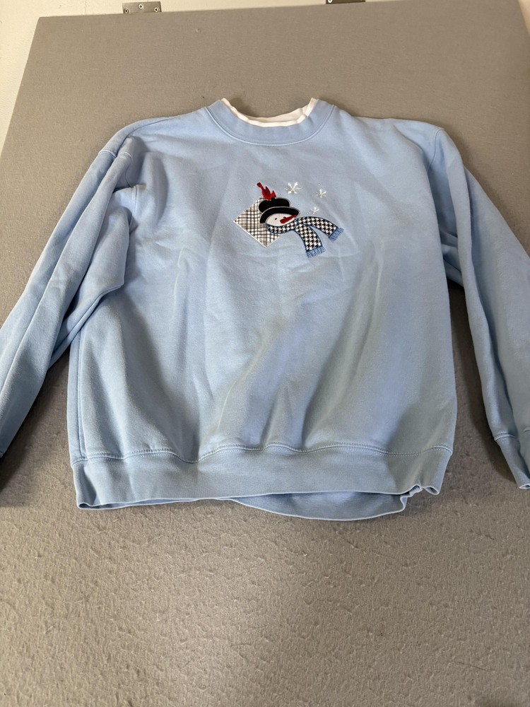 MC Sportswear Sweatshirt Womens Large Blue Snowman Embroidered Holiday Winter