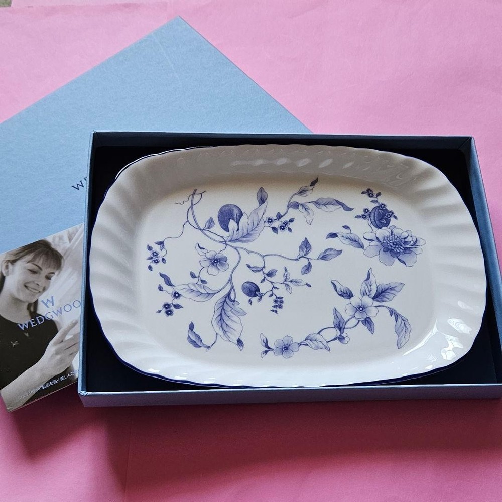 Wedgwood Blue Plum Plate Floral Relief Edged Oval Bone China with Box