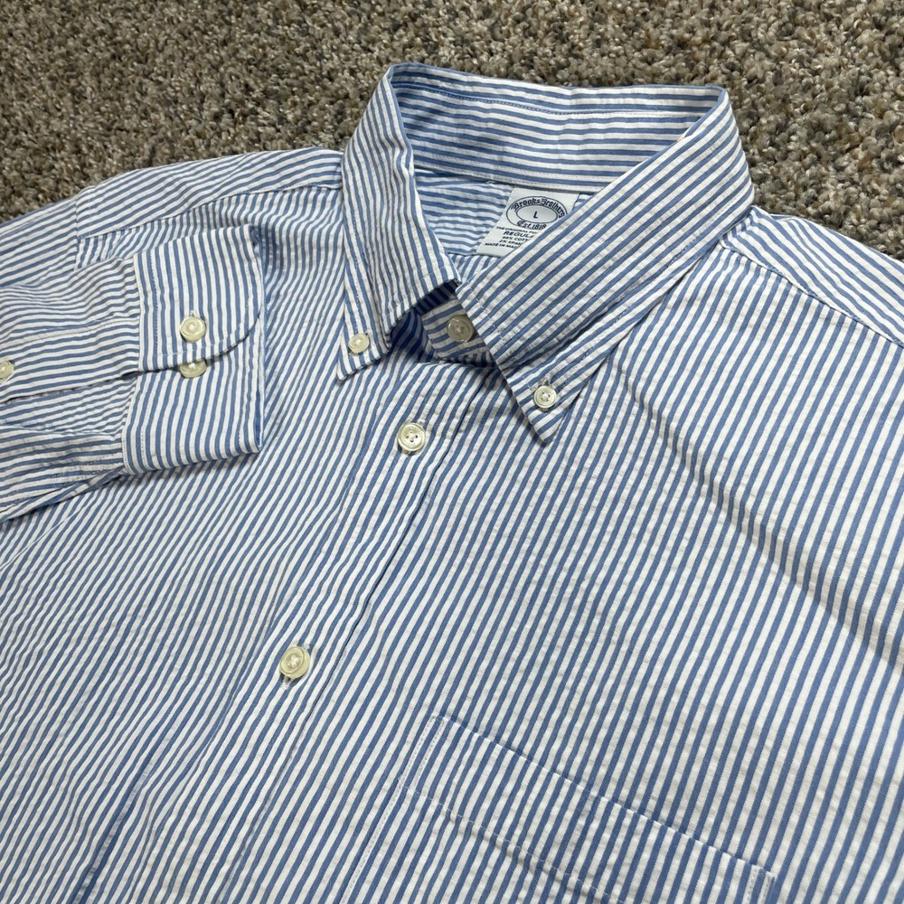 Brooks Brothers Men's Large Regular Fit Seersucker Stripe Button Down Shirt Blue