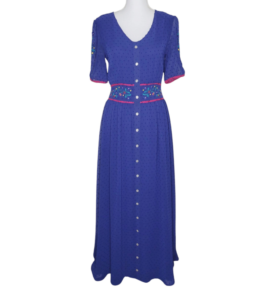 Wild Flowers Feliz Navidad Blue Floral Embroidered Whimsy Dress Women's XS #3259