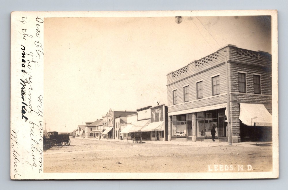 Leeds ND-North Dakota, RPPC, View Of Street, Meat Market Vintage c1906 Postcard