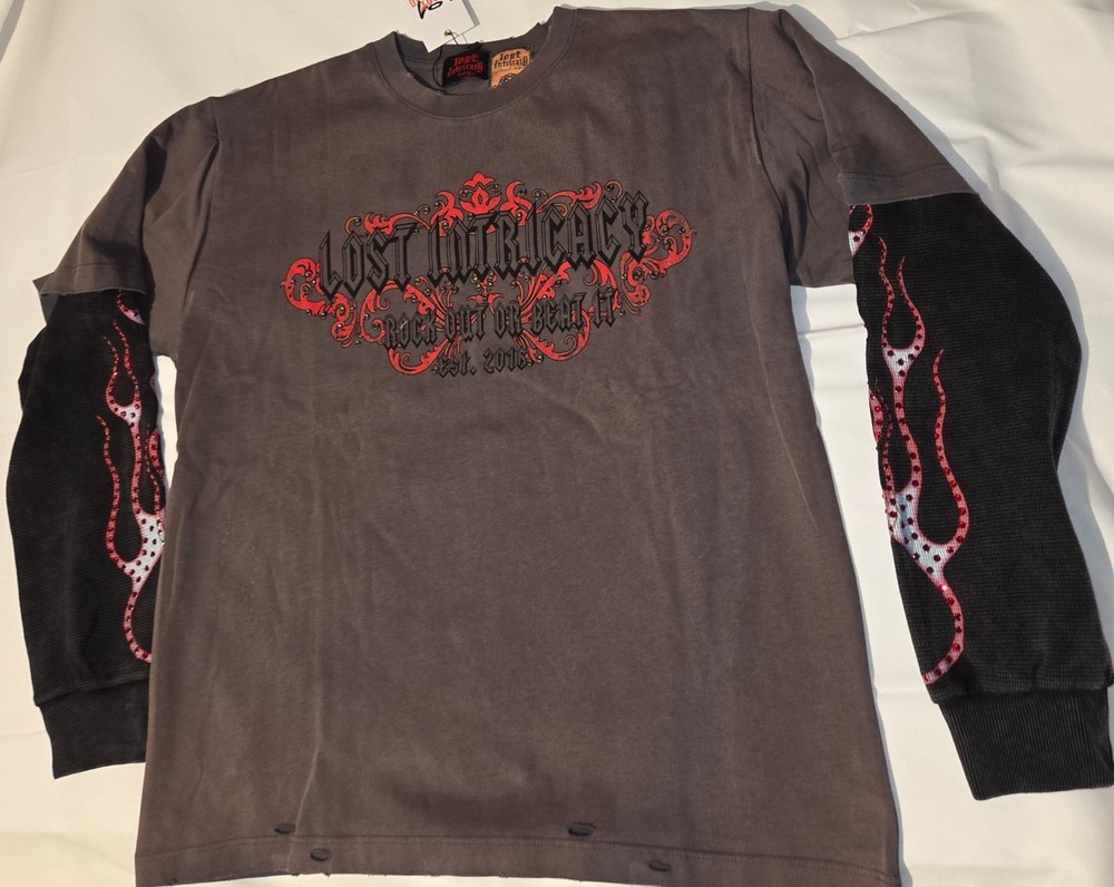 Lost Intricacy Harley Davidson Men's Long Sleeve  T-Shirt Gray Black Red L