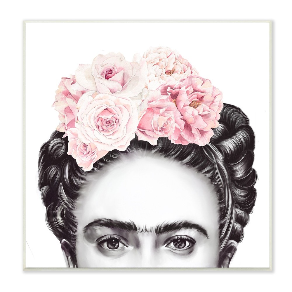 Stupell Frida With Pink Roses Powerful Full Eyed Portrait Pink 12 x 12