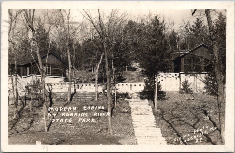 1940 Roaring River State Park Missouri RPPC Postcard MODERN CABINS /Fields Photo