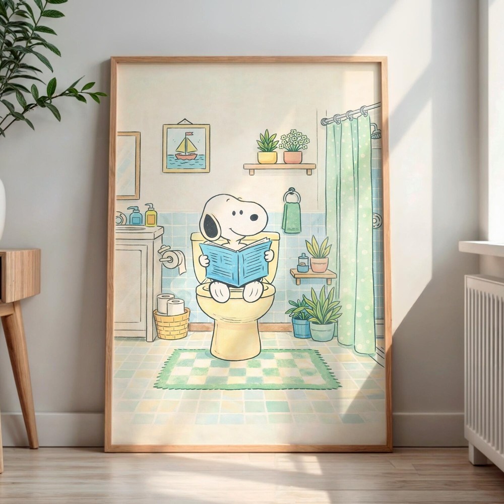 Snoopy Funny Bathroom Poster Toilet Reading Cartoon Wall Art Print