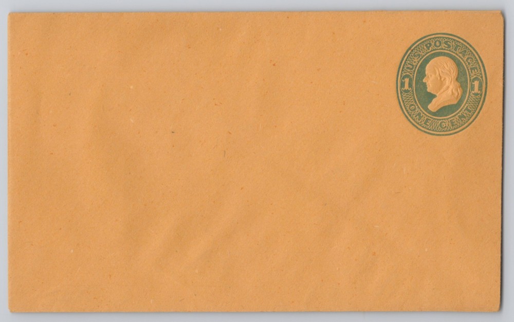 U.S. Postal Stationery Envelope, One Cent Green Indicium — Orange Cover Unused
