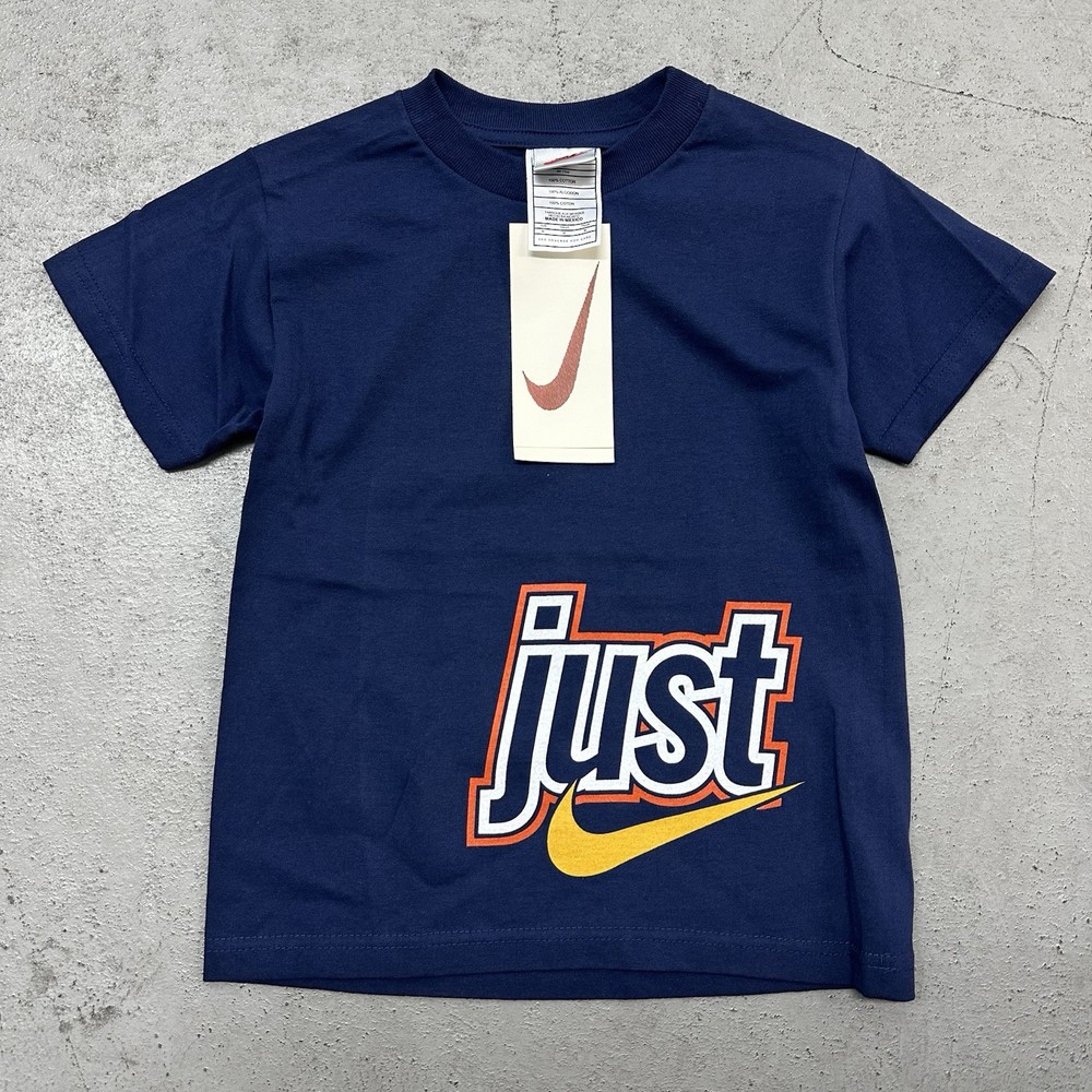 Toddler Vintage Nike Big Logo Graphic T Shirt Boys M 4T Navy Blue Deadstock 90s