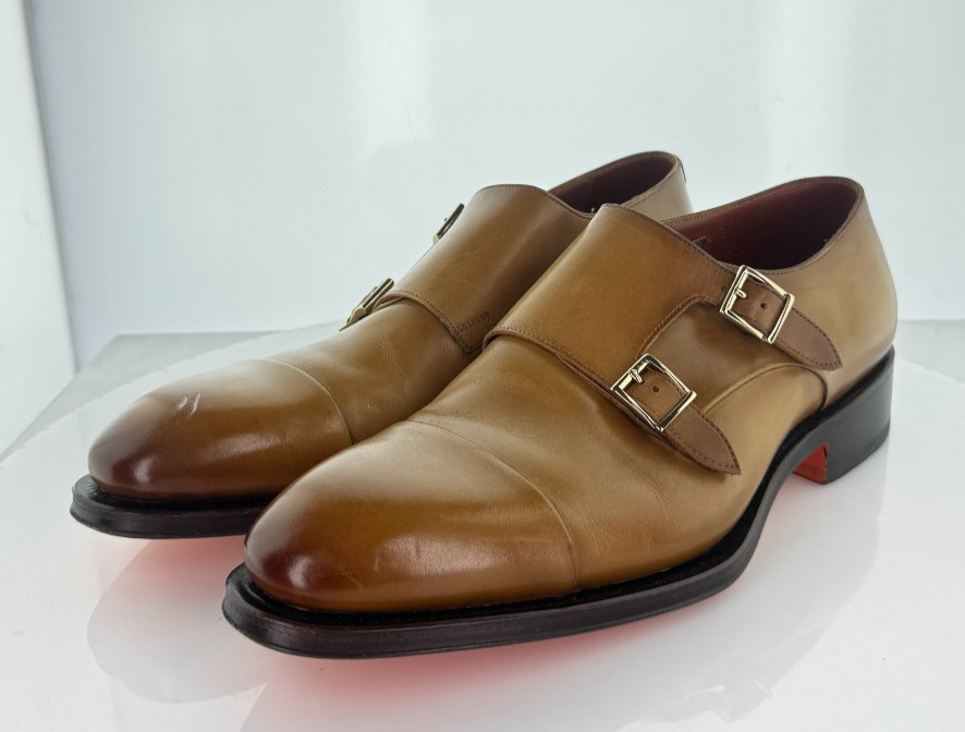A7 $1450 Men's Sz 10 M Santoni IRA Leather Double Monk Strap In Light Brown