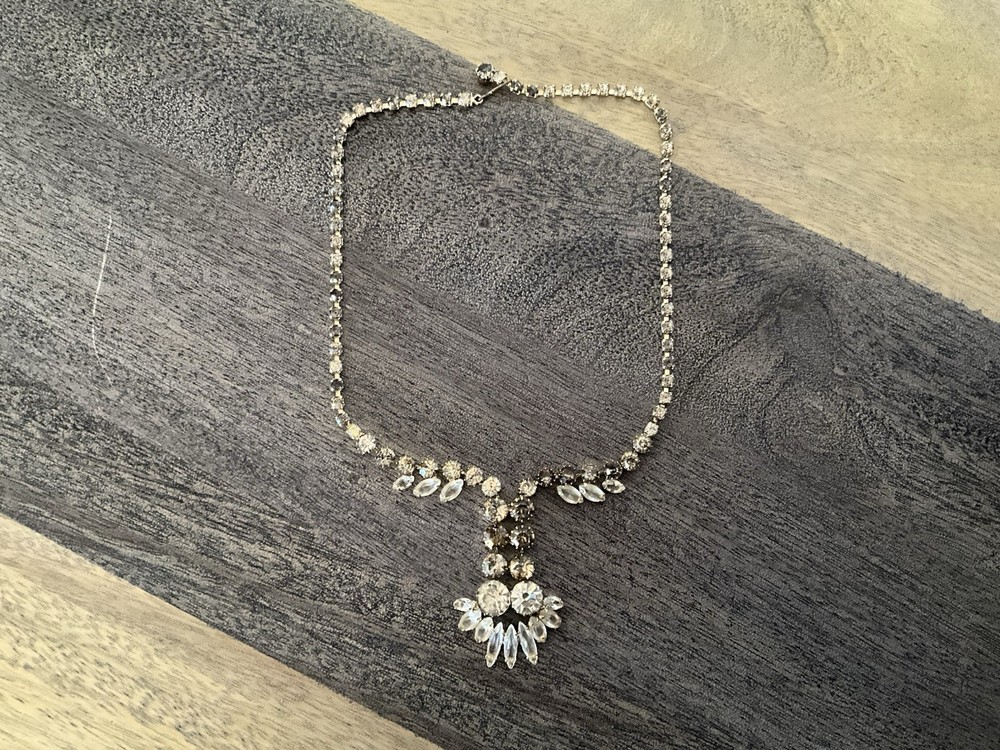 1950s Navette Rhinestone Y Necklace Mid-Century Bridal Vintage Jewelry Prong Set