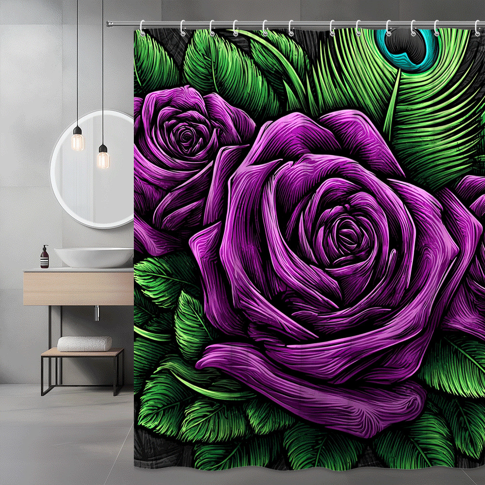 Purple Rose Floral Shower Curtain Black Green Leaf Print