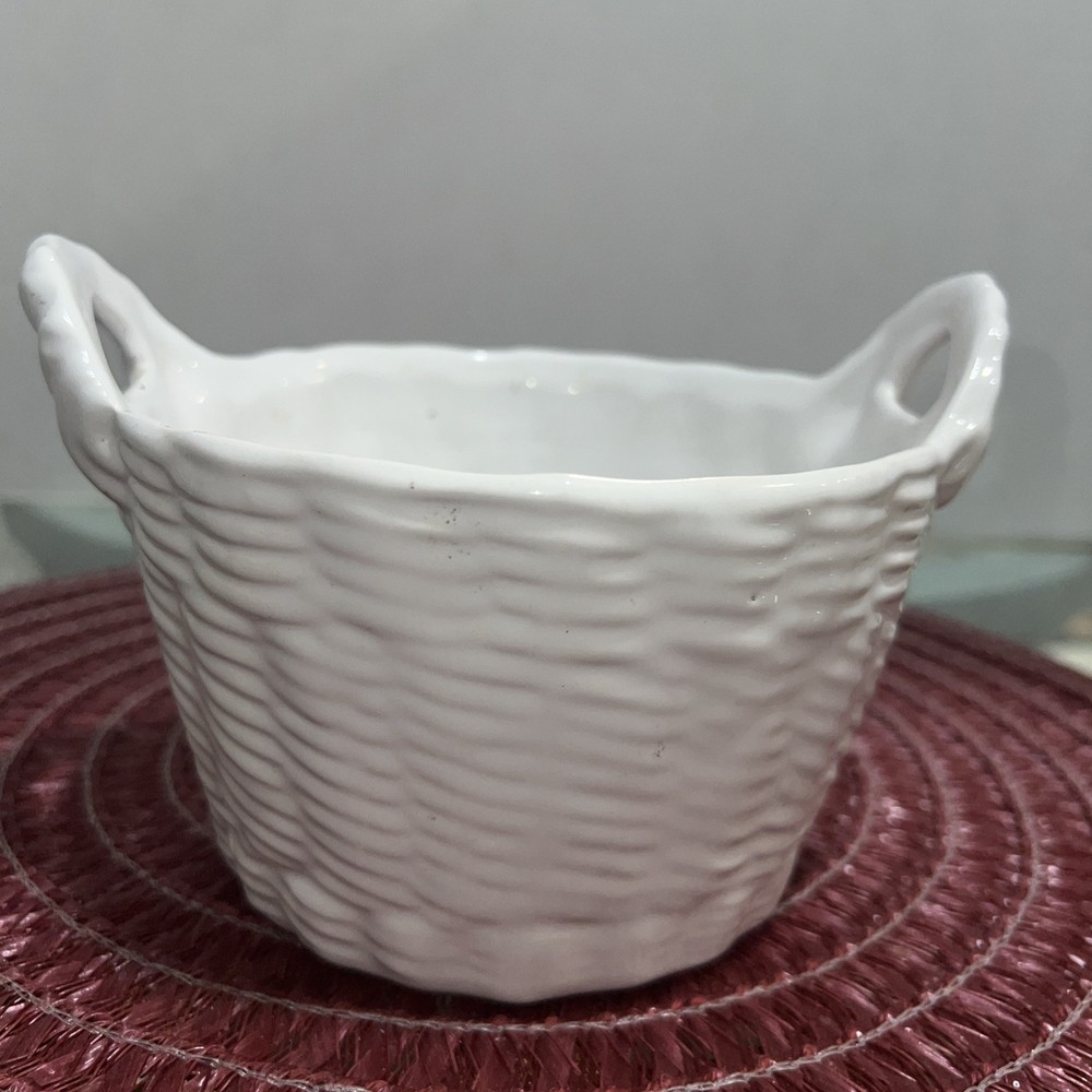Vintage Mid-Century White Ceramic Woven Basket Planter