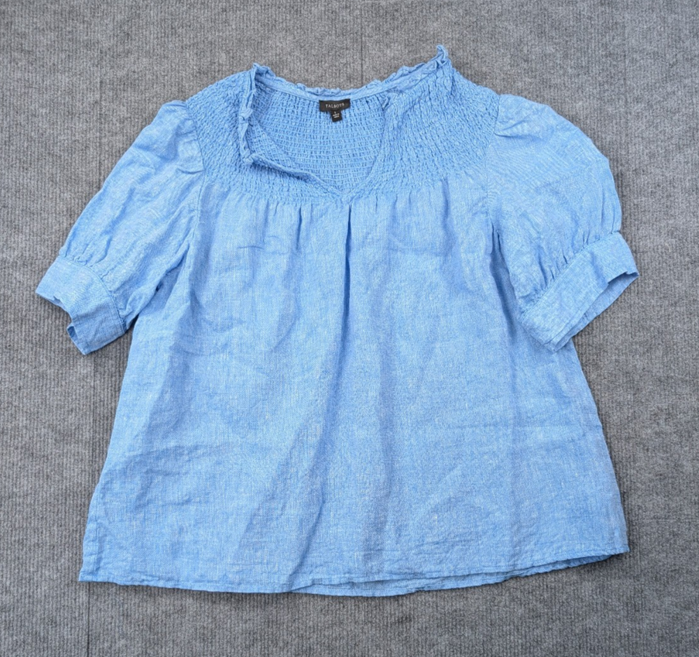Talbots Linen Blouse Womens Large Smocked Blue Minimal Coastal Beach Cottage