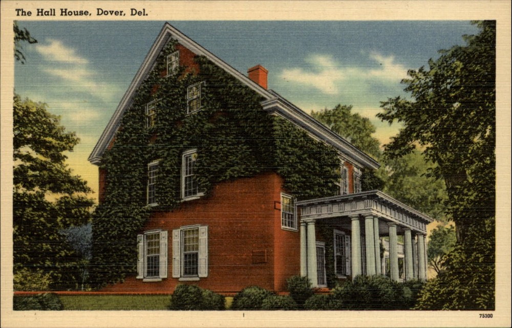 Hall House Dover Delaware ivy architecture ~ 1940s linen postcard