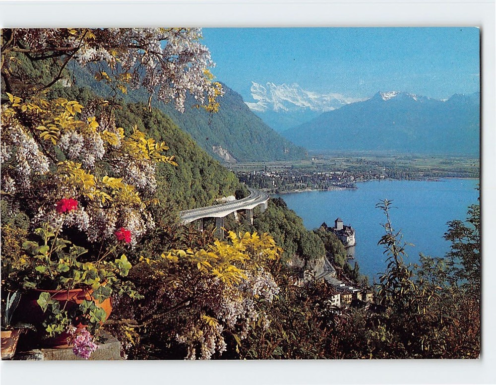 Postcard Chillon Castle Lake Geneva and the Surrounding Alps in Switzerland