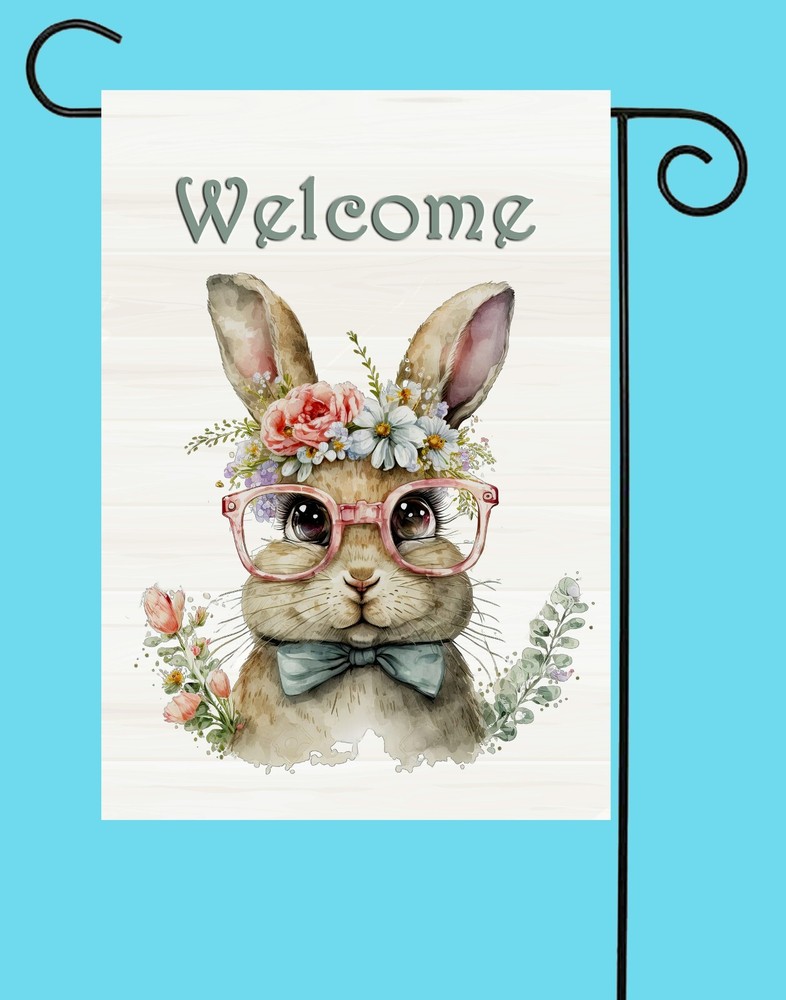 Conejito de bienvenida con gafas bandera de jardín ~ calidad 12x18 doble cara