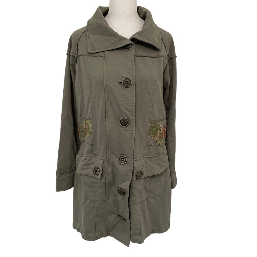 Acacia Embroidered Floral Button Front Knit Sweater Jacket Green size Medium-image