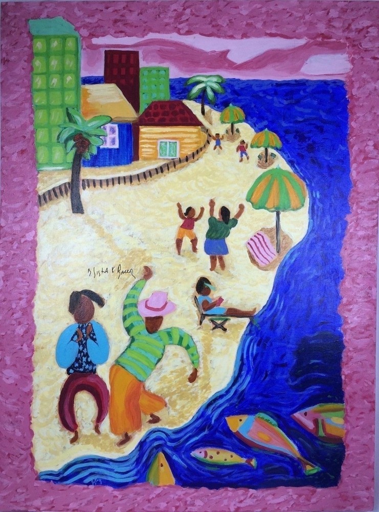 Original Art Tropical Beach Painting Whimsical Florida Ocean Resort Sand 35x47