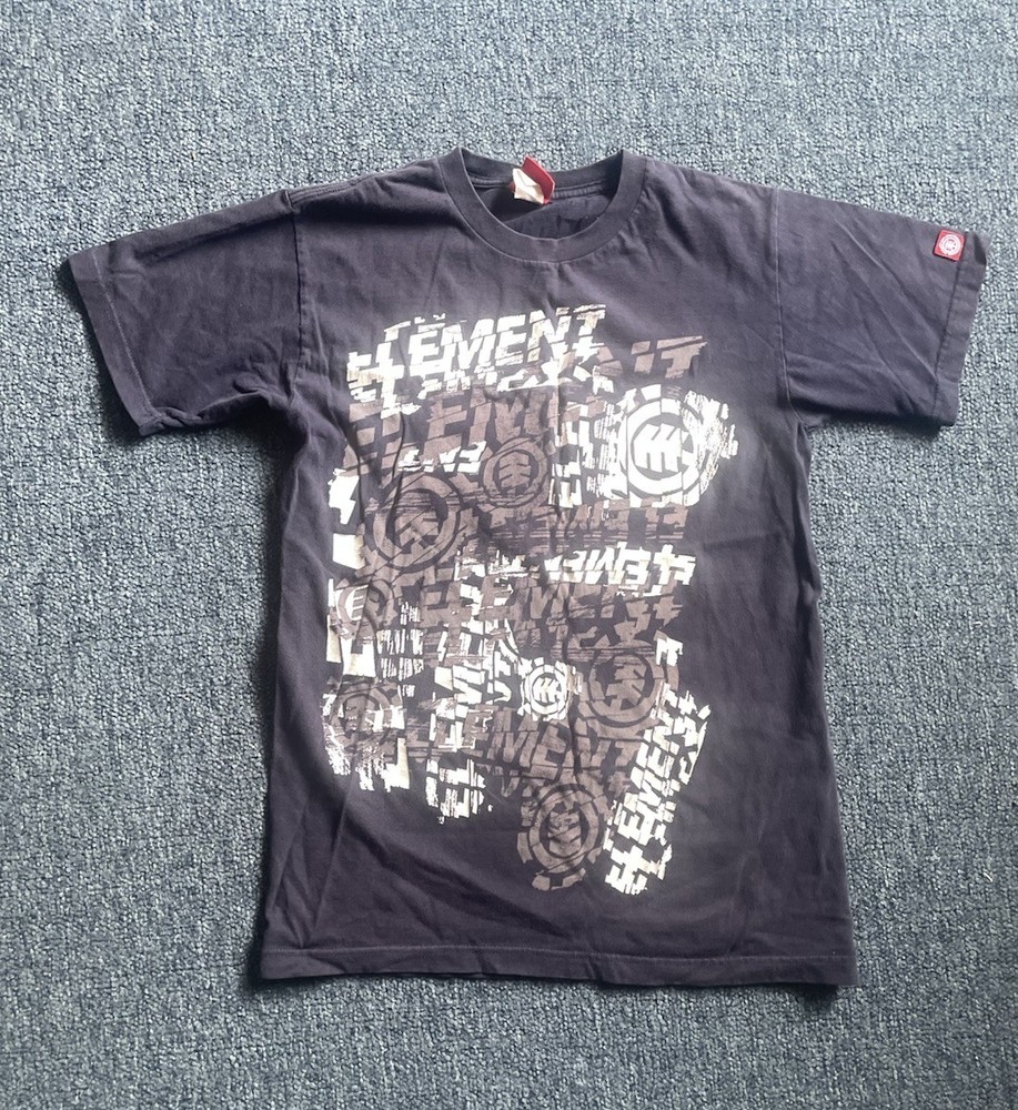 Vintage Element Skateboard T Shirt Mens Size S Blue Logo Spell Out 90's Y2K AOP