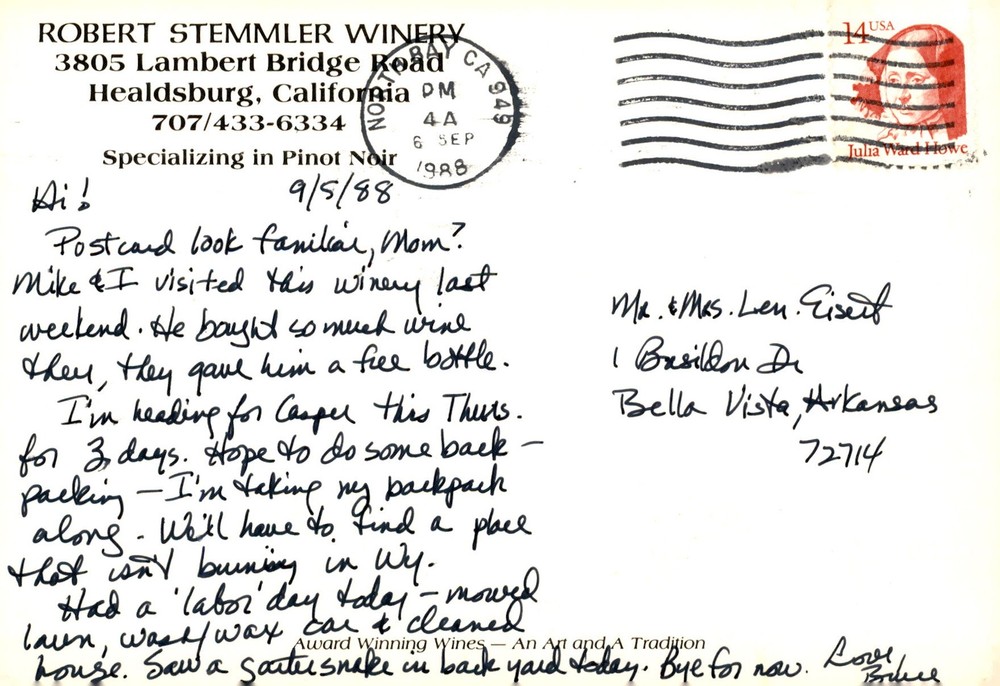 Robert Stemmler Winery, Healdsburg, California, 1988 Postcard