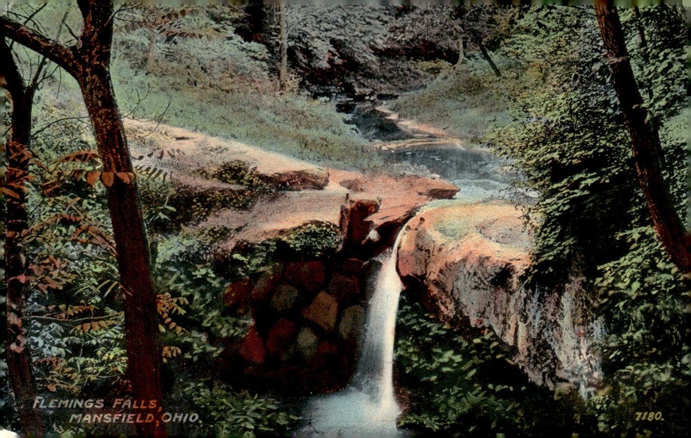 1913 Flemings Falls Mansfield Ohio Antique Color Litho Scenic Waterfall Postcard
