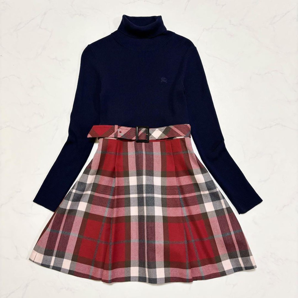 Burberry Blue Label Knit One Piece Dress Check Logo Embroidery M