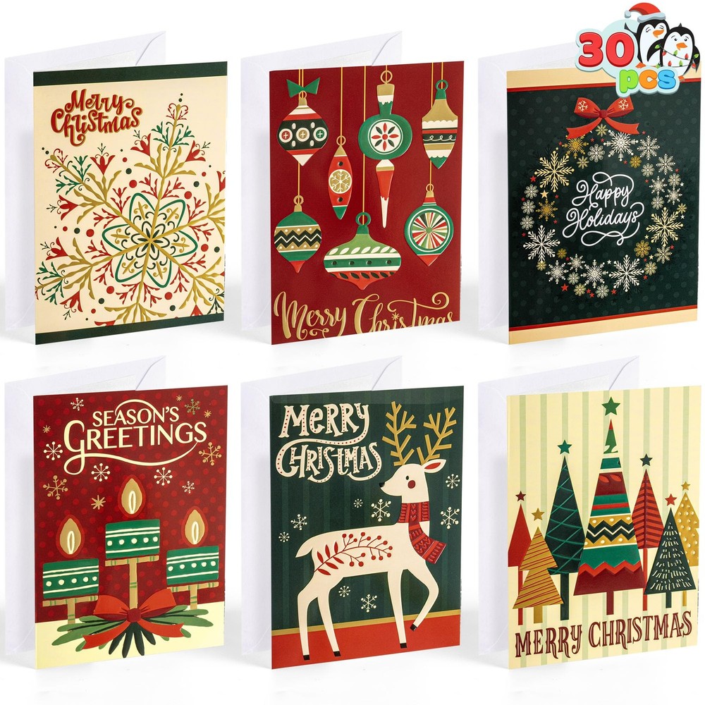 30 PCS Boxed Christmas Cards Assortment Elegant Icons with Envelopes, Diverse